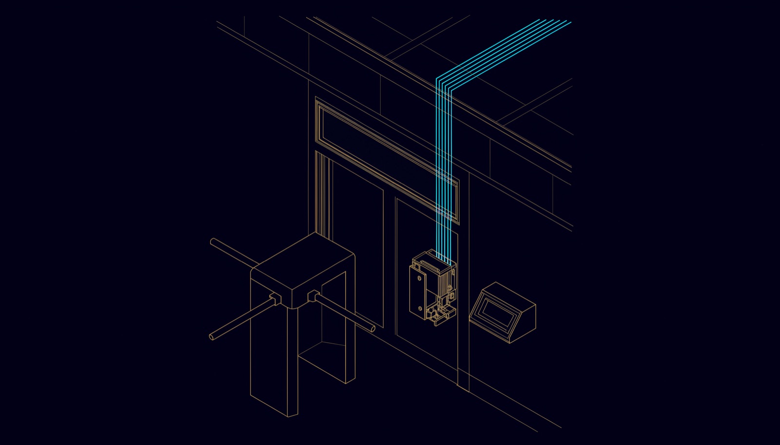 Line drawing of an office entrance with glass doors, a turnstile lane, a wall reader and an electric strike lock shown inside the door frame