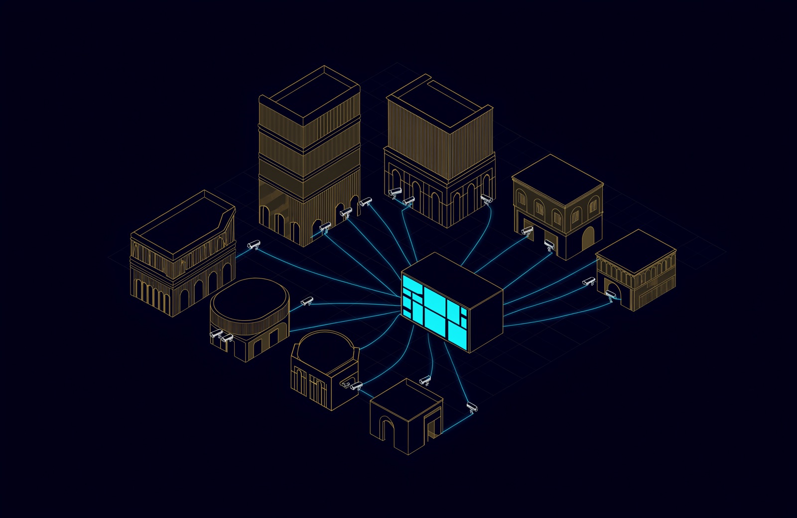 Line drawing of an Abu Dhabi city block with CCTV cameras on facades and entrances, their lines converging on a central monitoring building