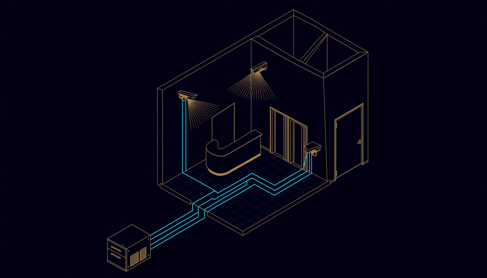 Line drawing of an office building lobby with cameras covering the entrance, the lifts and reception, and cables running to a recorder cabinet