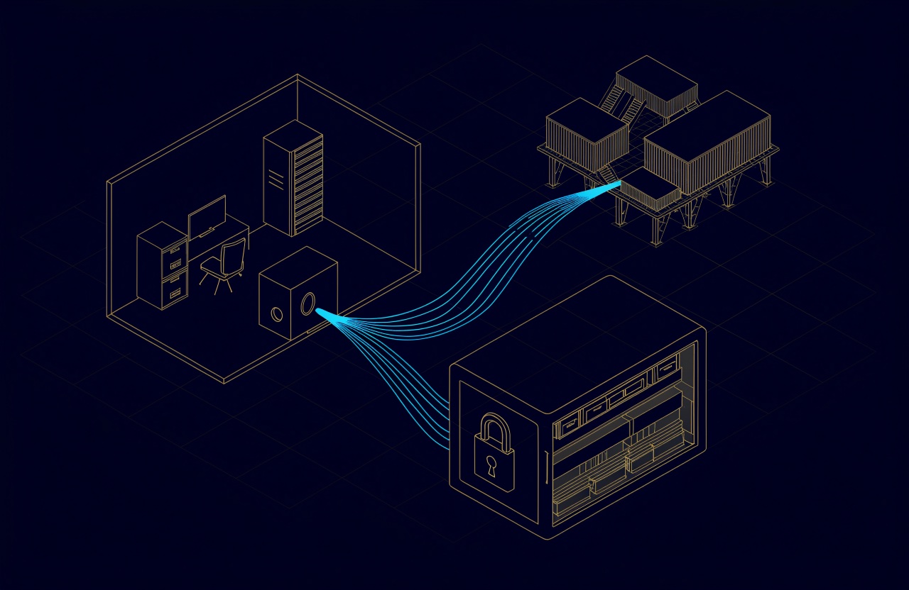 Line drawing of three backup copies: a storage box in the office, a locked vault drive and an offsite data centre, with data copying between them