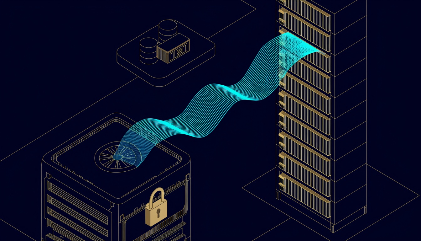 Line drawing of data flowing back from a locked vault drive to a server rack, with a storage box beside it