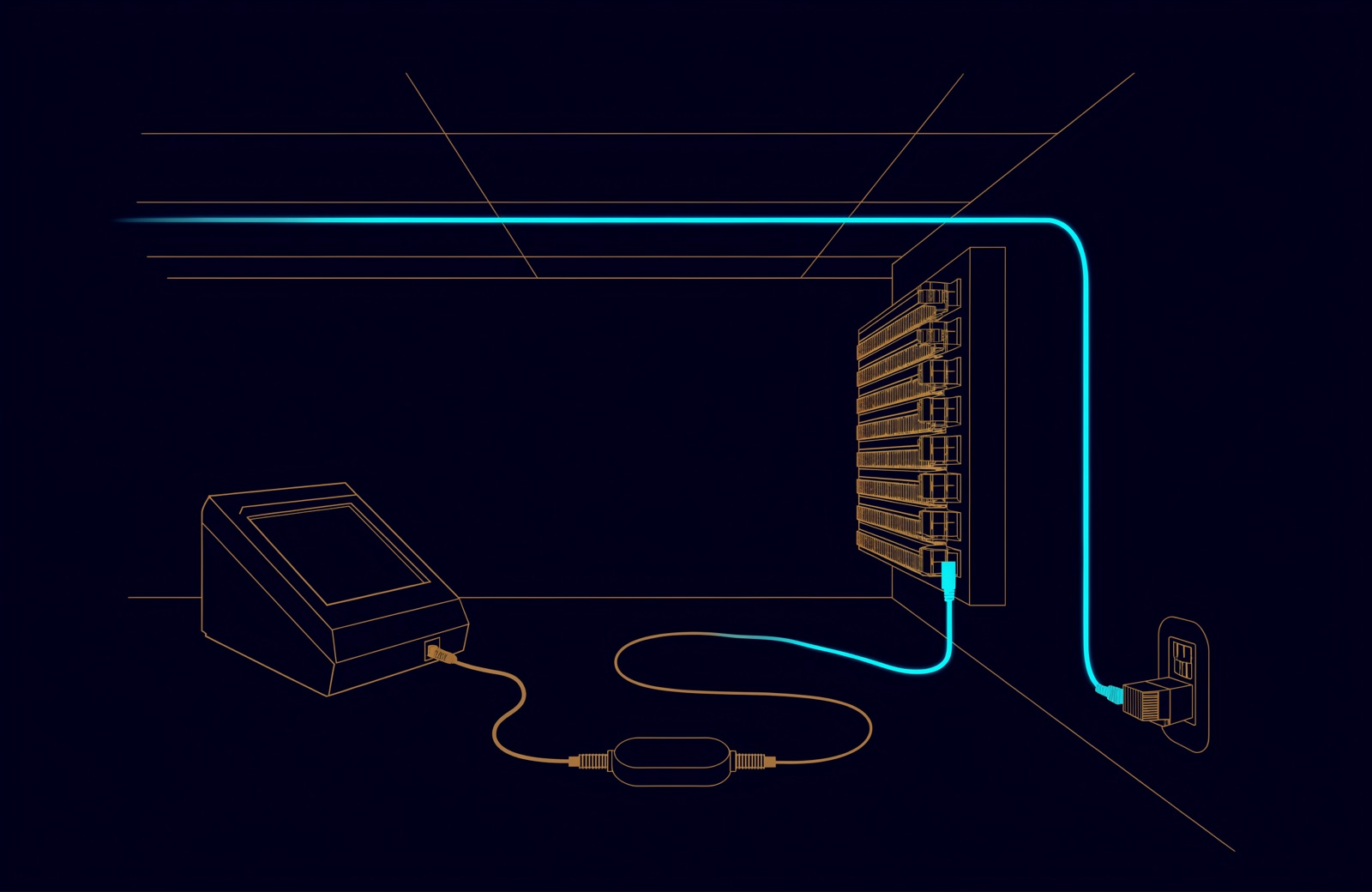 Line drawing of a cable certification tester and its remote unit testing a permanent link from a patch panel port to a wall outlet