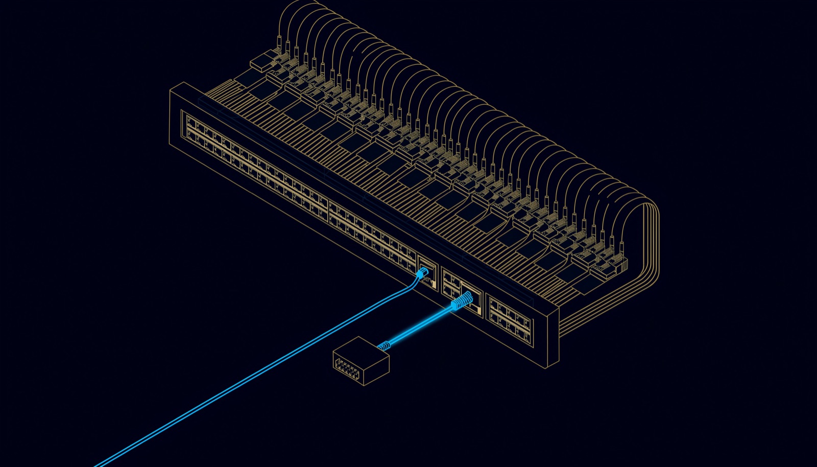 Line drawing of the back of a patch panel with every cable punched down and labelled, and a test adapter plugged into one port at the front