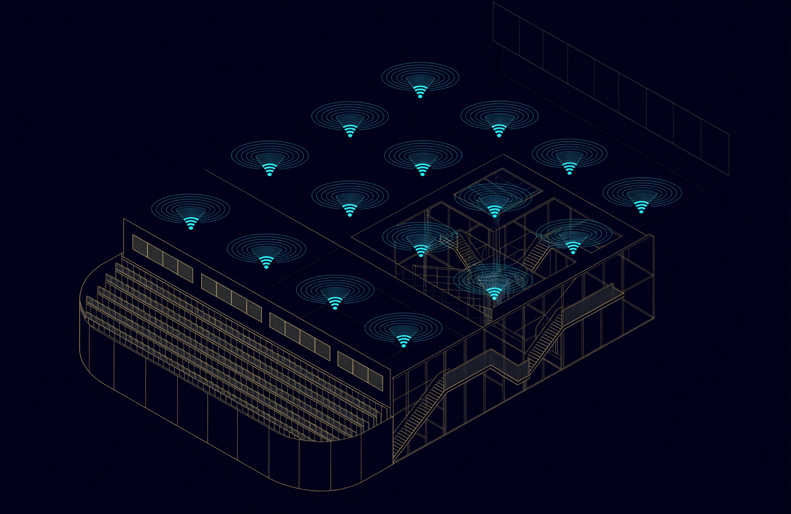 Line drawing of a lecture hall and atrium with many ceiling Wi-Fi access points, their coverage drawn as overlapping rings