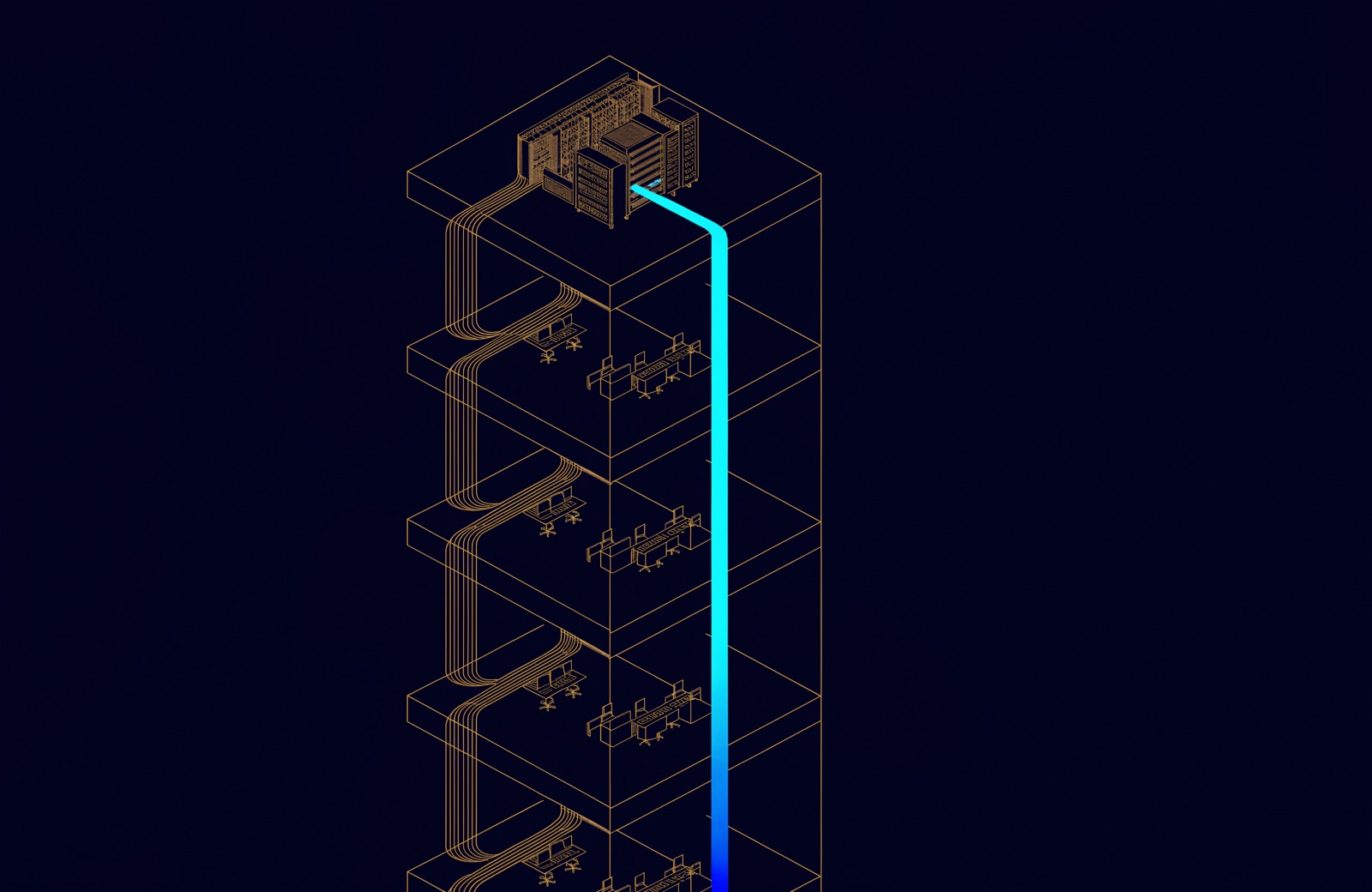 Line drawing of a building riser in cutaway: copper cables run to desks and access points on each floor while a single fibre backbone rises to the data room