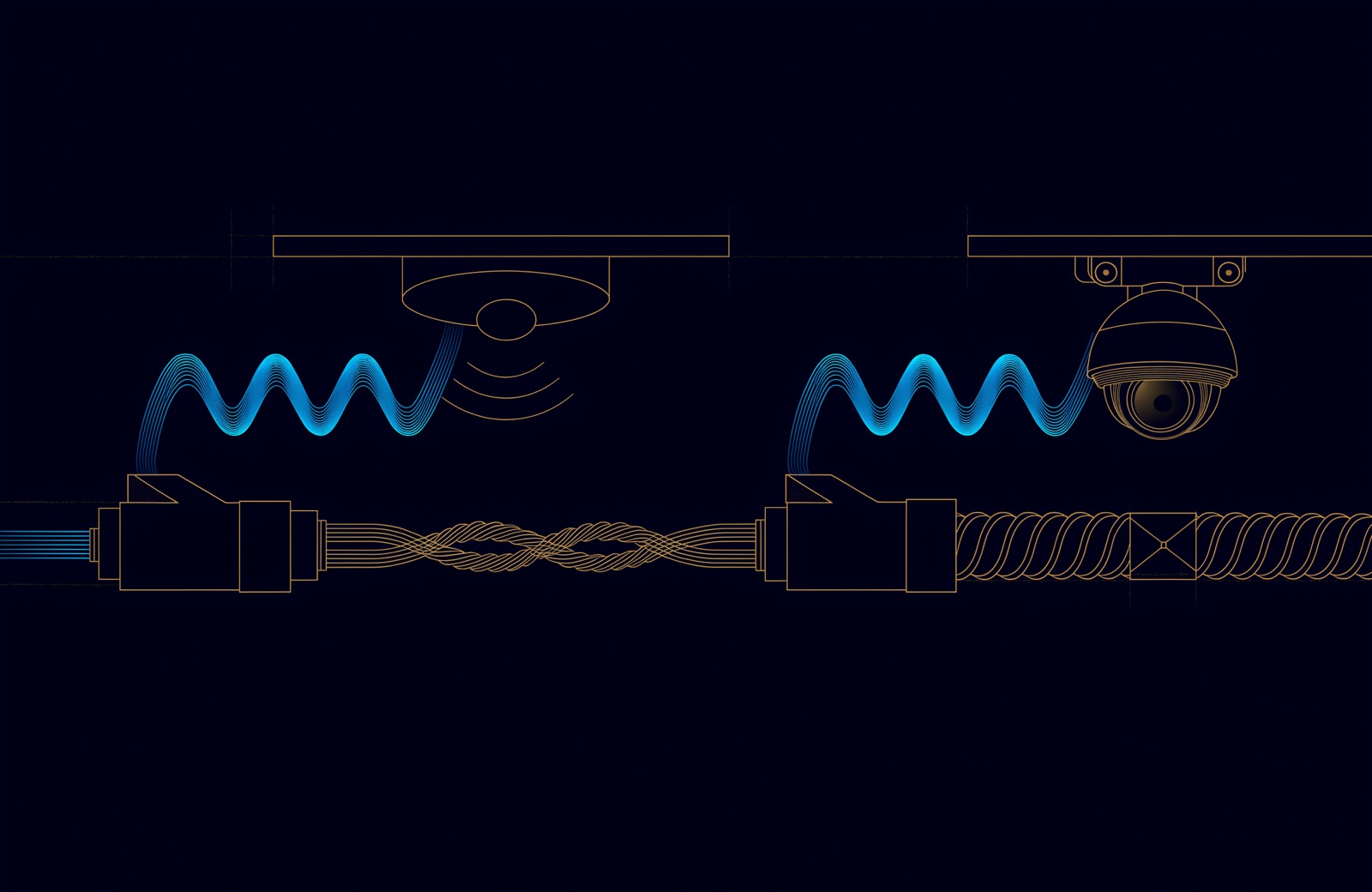 Line illustration of two network cables in cutaway, one thicker with tighter twists, with signal waves running to a Wi-Fi access point and a PoE camera