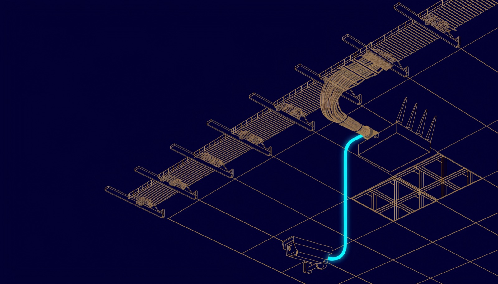 Line illustration of an office ceiling: a cable tray with bundled network cables, one thicker cable dropping to a Wi-Fi access point and a PoE camera