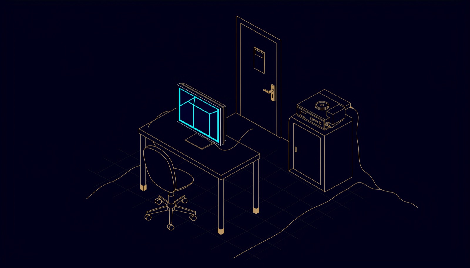 Line drawing of a small video review room with one desk and monitor, a recorder cabinet and a locked door with a card reader