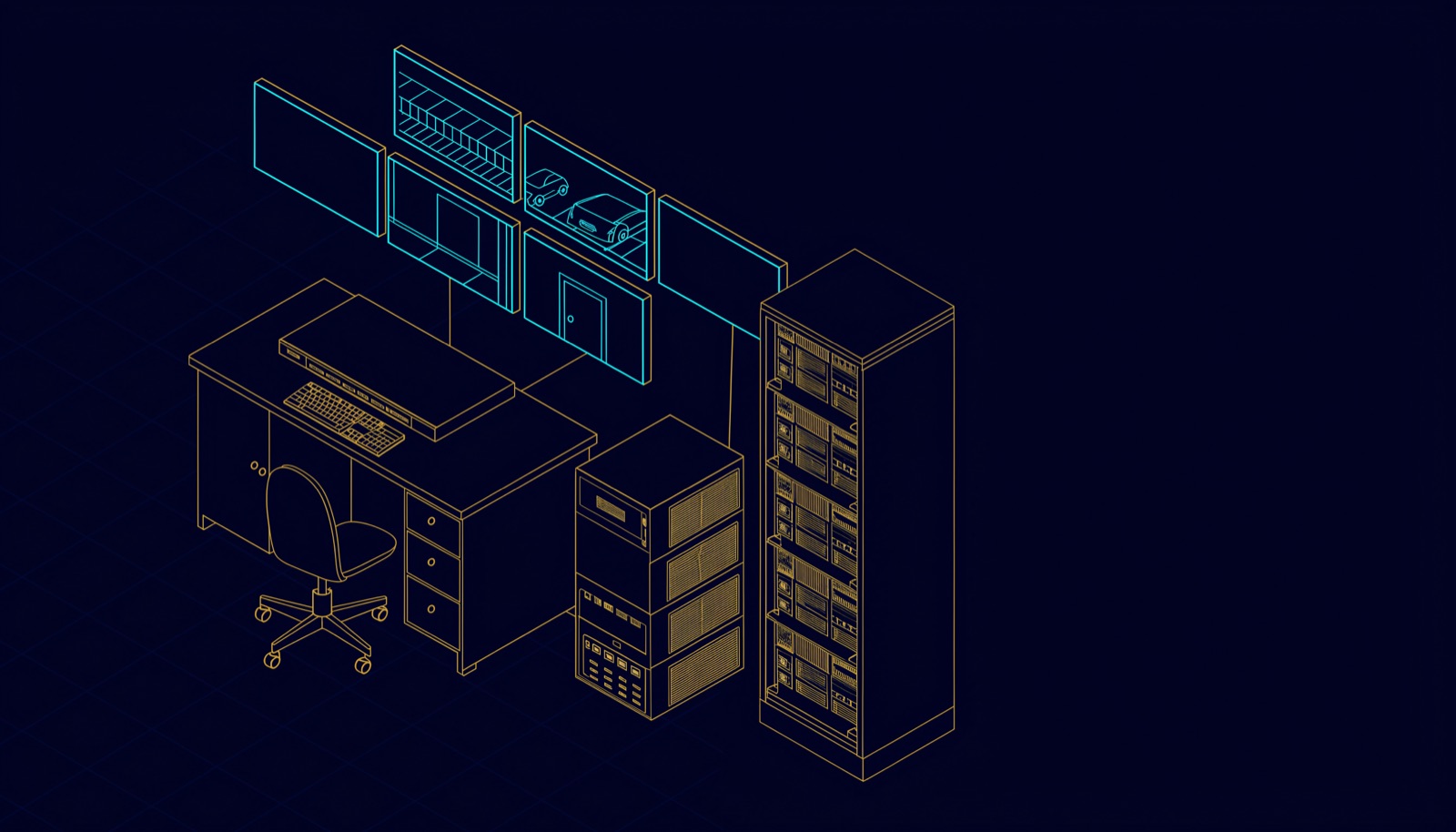 Line illustration of a security control room: an operator desk facing a video wall, with the recorder and storage rack beside it