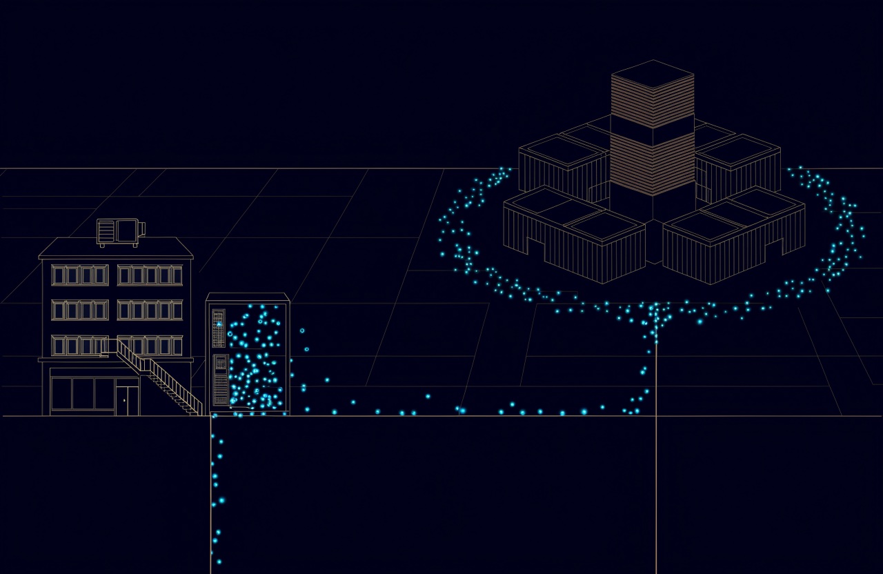Line drawing of an office building with its own server rack on one side and a distant cloud data centre on the other, data packets staying in or crossing a border line