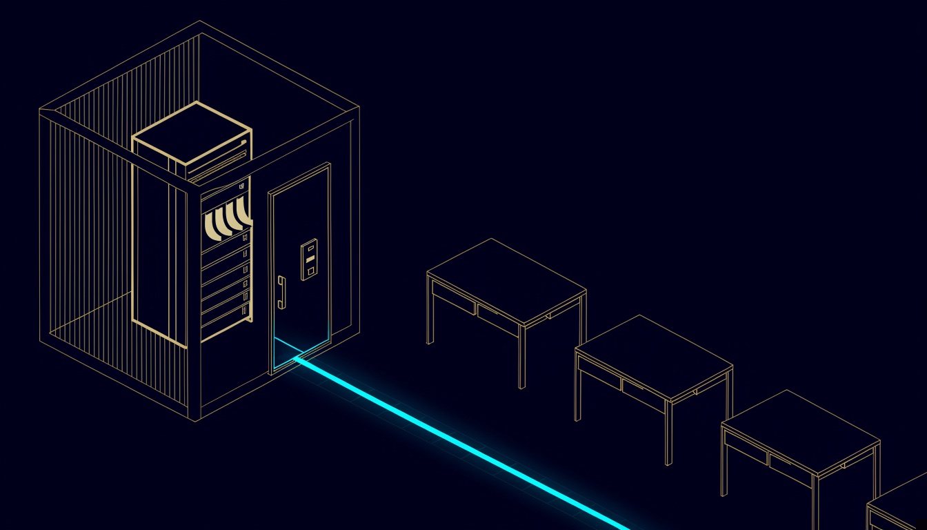 Line drawing of a small locked server room with one GPU server, its door fitted with a card reader, and a line running out to office desks
