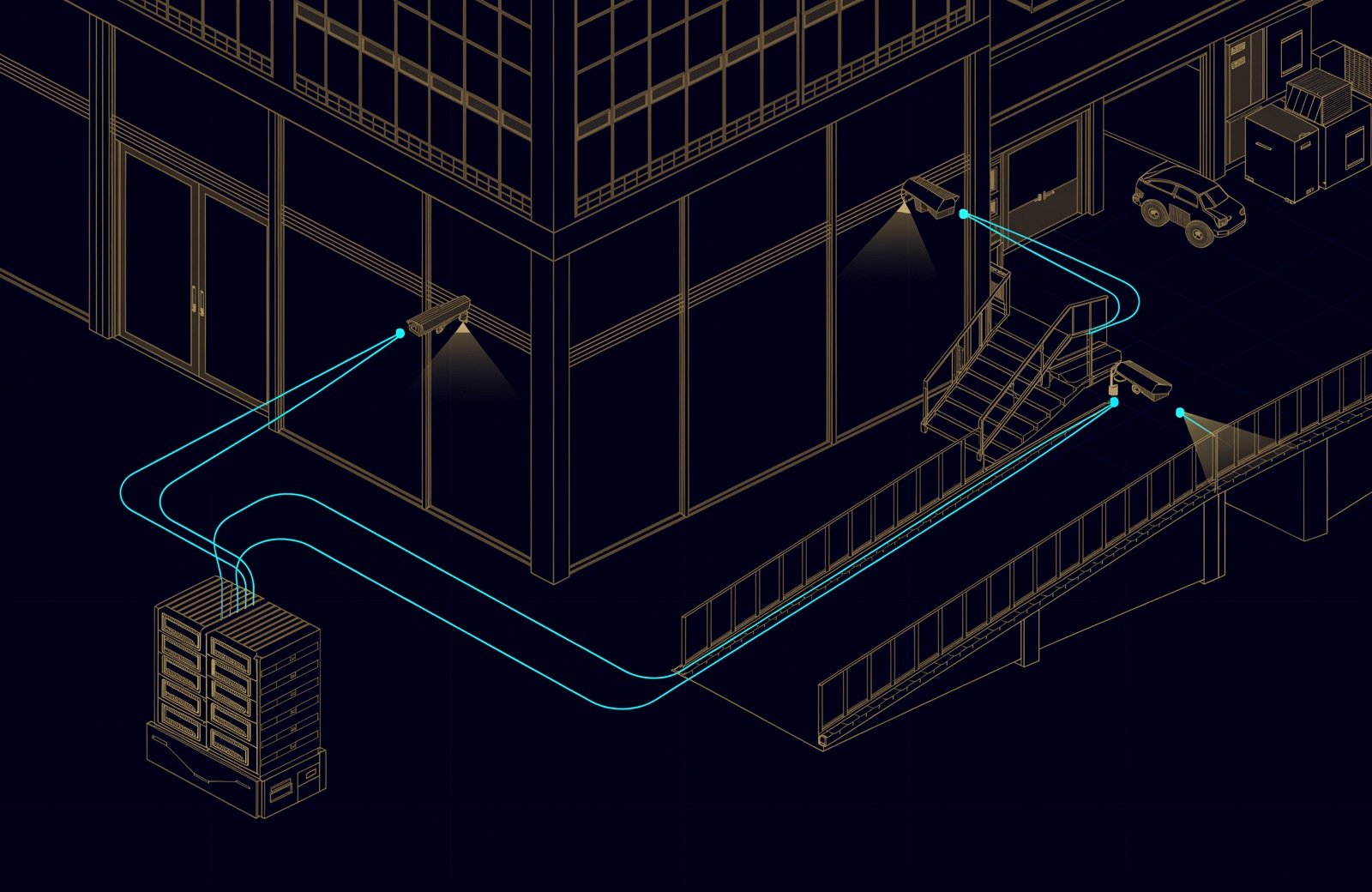 Line illustration of a building entrance, stairs and loading ramp: gold cameras with viewing cones, and cyan lines carrying video to a rack of recorders