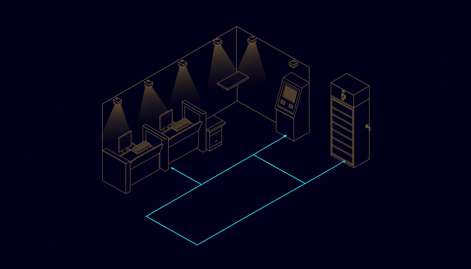 Line drawing of a bank branch counter area and ATM lobby with ceiling cameras covering the counters and the ATM, cabled to a locked equipment cabinet