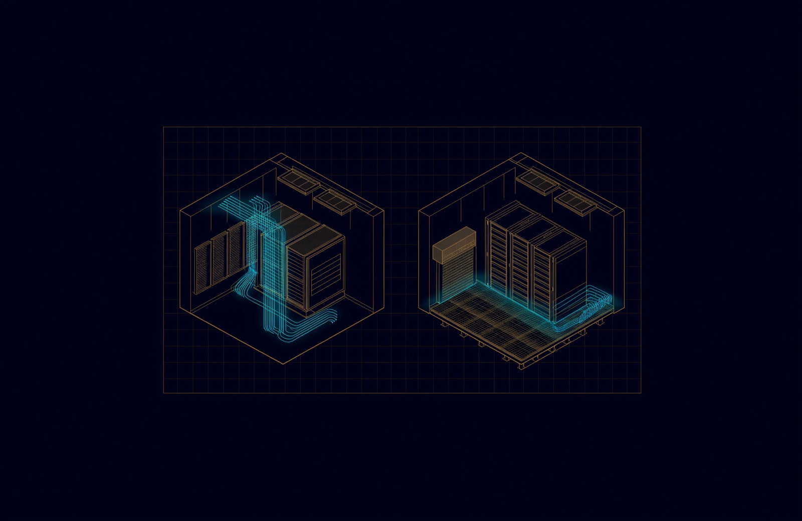 Line drawing of two technical rooms side by side: a compact ELV room with wall racks, and a server room with floor racks, a raised floor and cooling