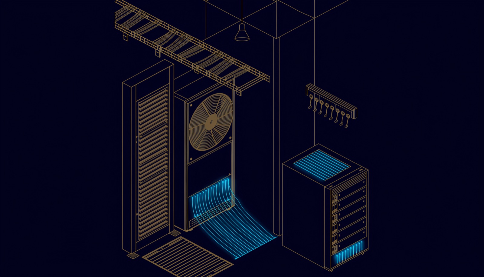Line drawing of a server room fit-out: a precision cooling unit, an overhead cable ladder, a ceiling suppression nozzle, an earthing bar and a UPS cabinet