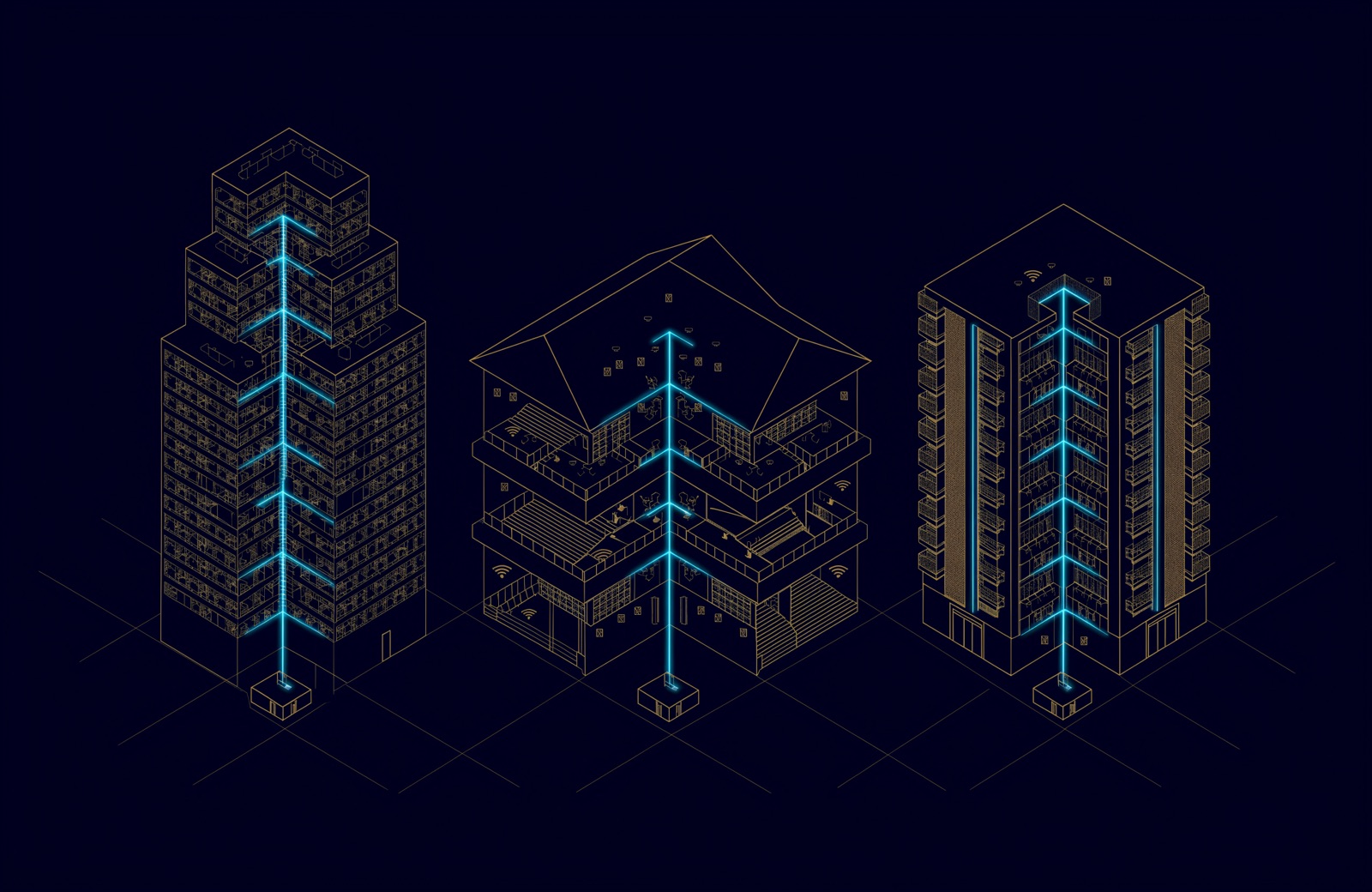 Line drawing of an office tower, a school and a hotel in cutaway, each floor fitted with cameras, access readers, Wi-Fi and speakers wired up a riser to an ELV room
