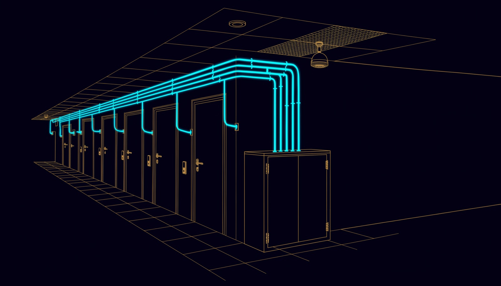 Line drawing of a hotel corridor with an access reader at every guest room door, a ceiling camera at the end and a speaker, all cabled above the ceiling to a riser cupboard