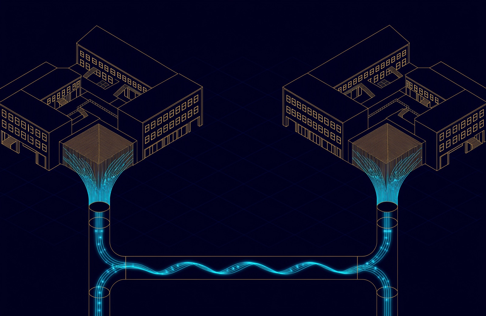 Line drawing of two campus buildings linked underground by a duct of fibre optic cables, with fibre enclosures in each data room