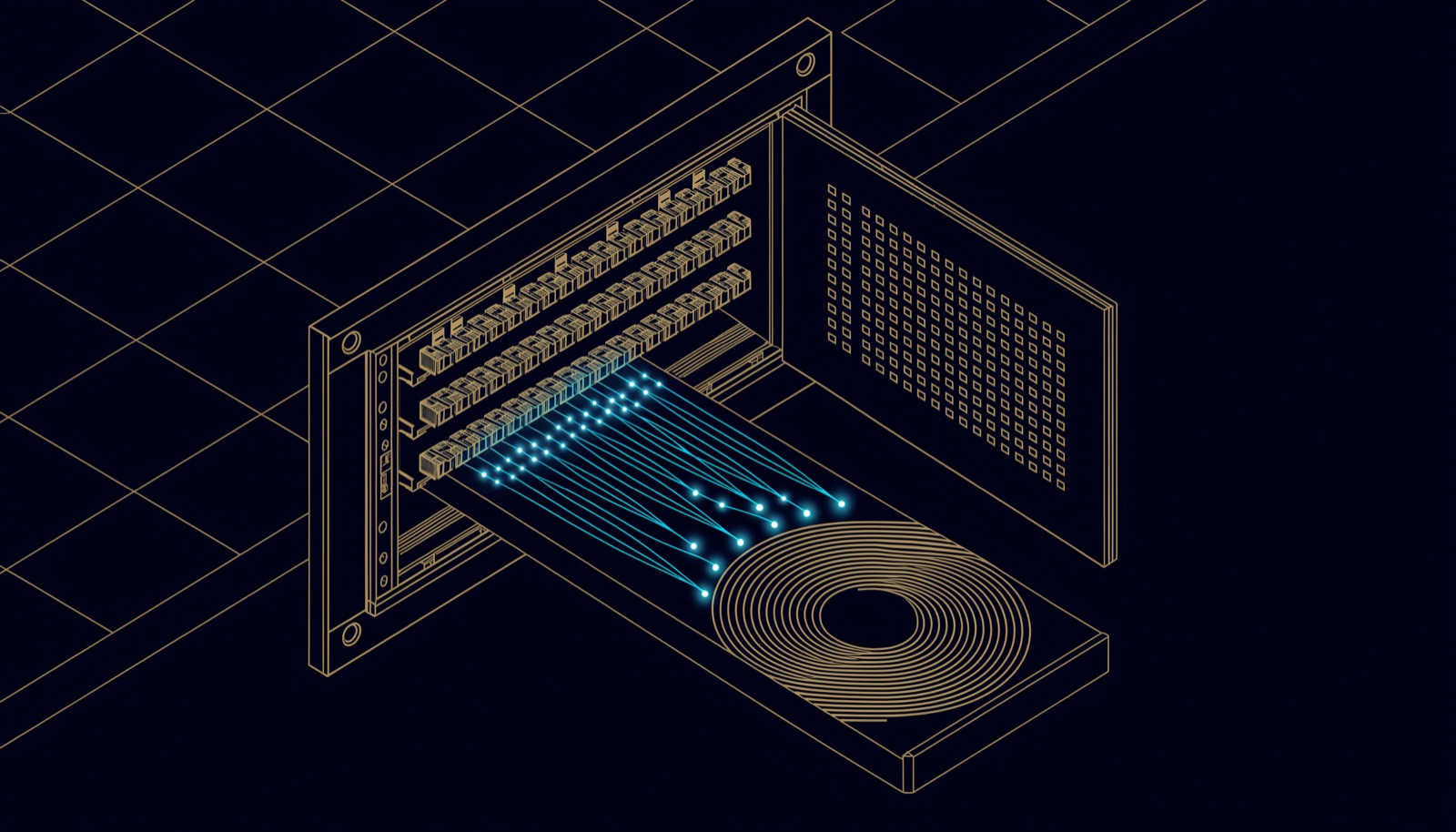 Line drawing of a rack-mounted fibre patch panel with duplex LC connectors and a splice tray pulled out to show coiled fibres