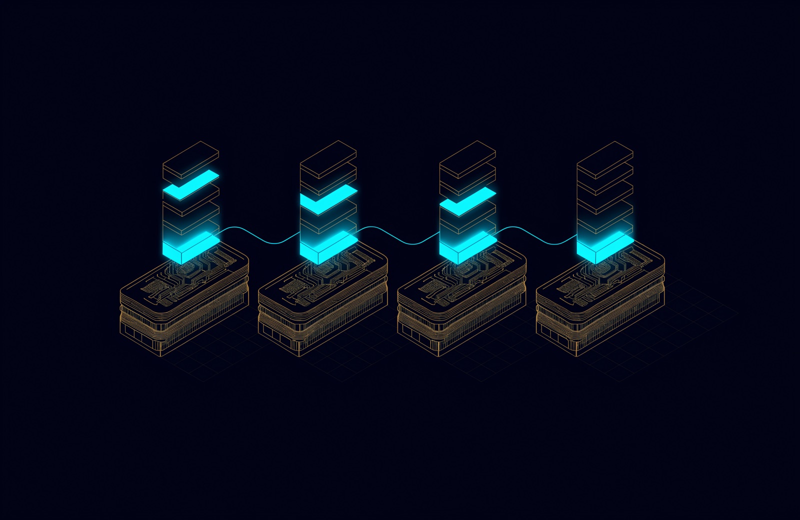 Line illustration of four GPU cards in a row, each with a stack of memory blocks filling up like a gauge