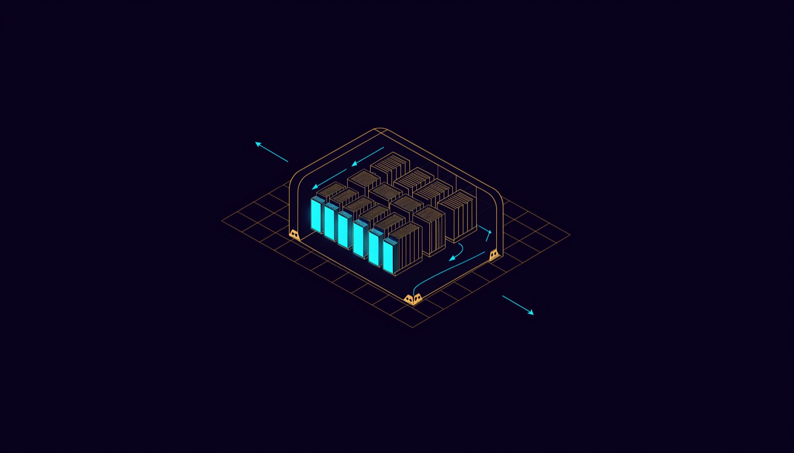 Line illustration of an open GPU server chassis: eight accelerator modules in two rows with their memory stacks lit, and airflow through the chassis
