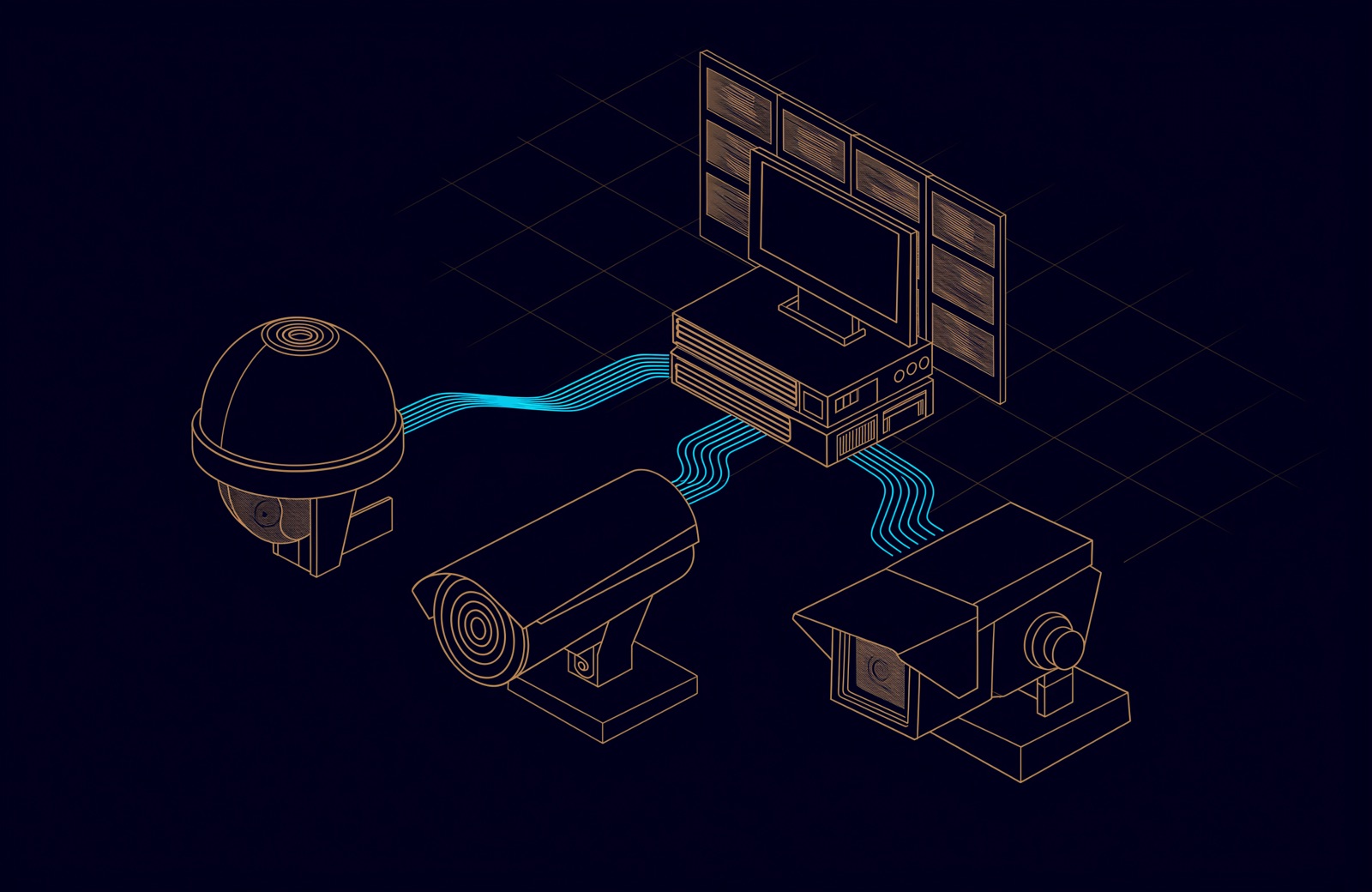 Line drawing of a dome, a bullet and a turret camera from different makers, each linked to one shared video management server and a monitor wall