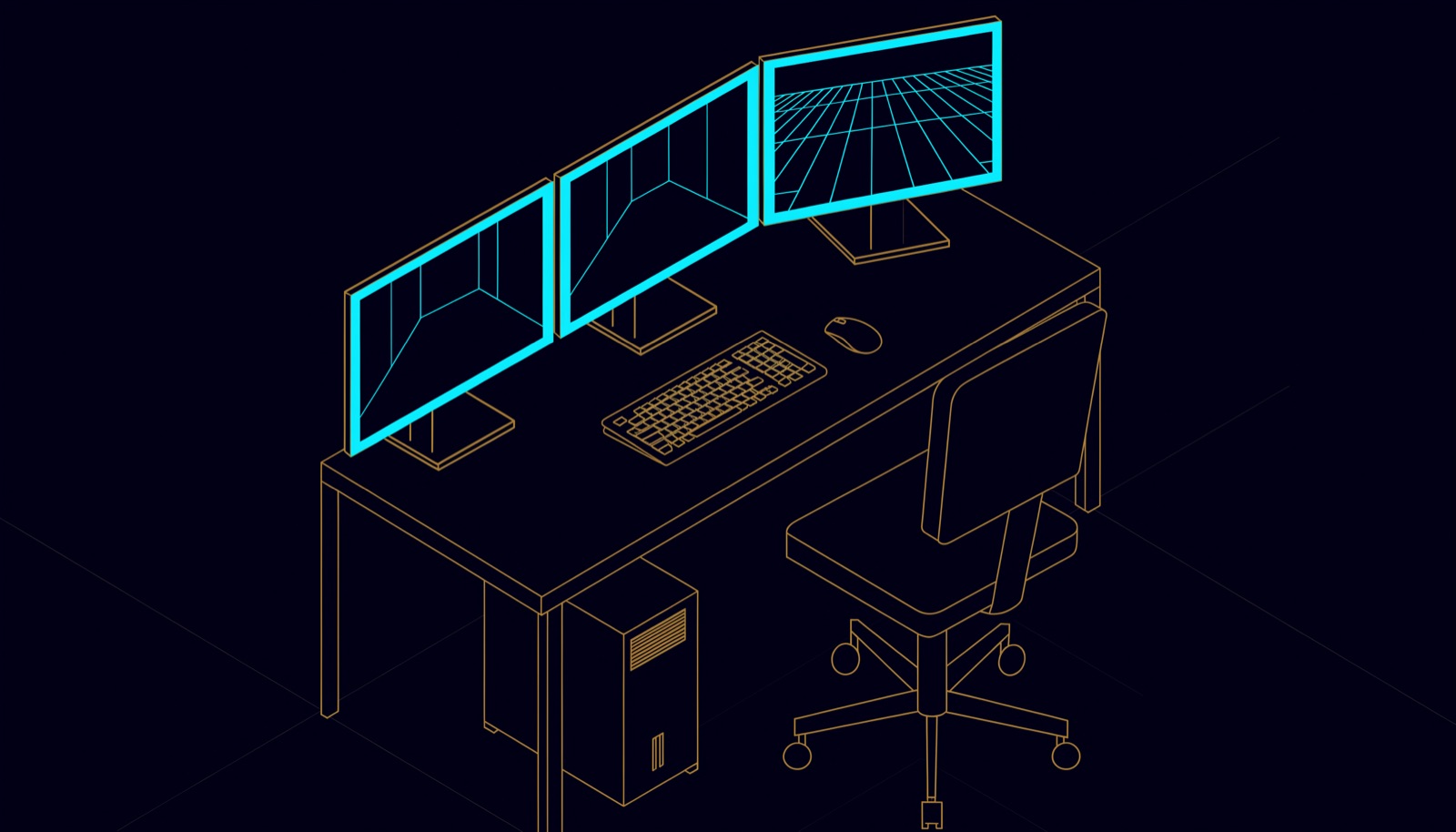 Line drawing of a security operator desk with three monitors showing grids of camera views, and a small server under the desk
