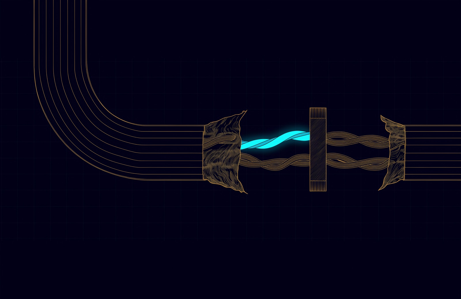 Line drawing of a copper network cable in exploded cutaway: four twisted pairs, foil shield, cross separator and outer jacket, with one pair glowing