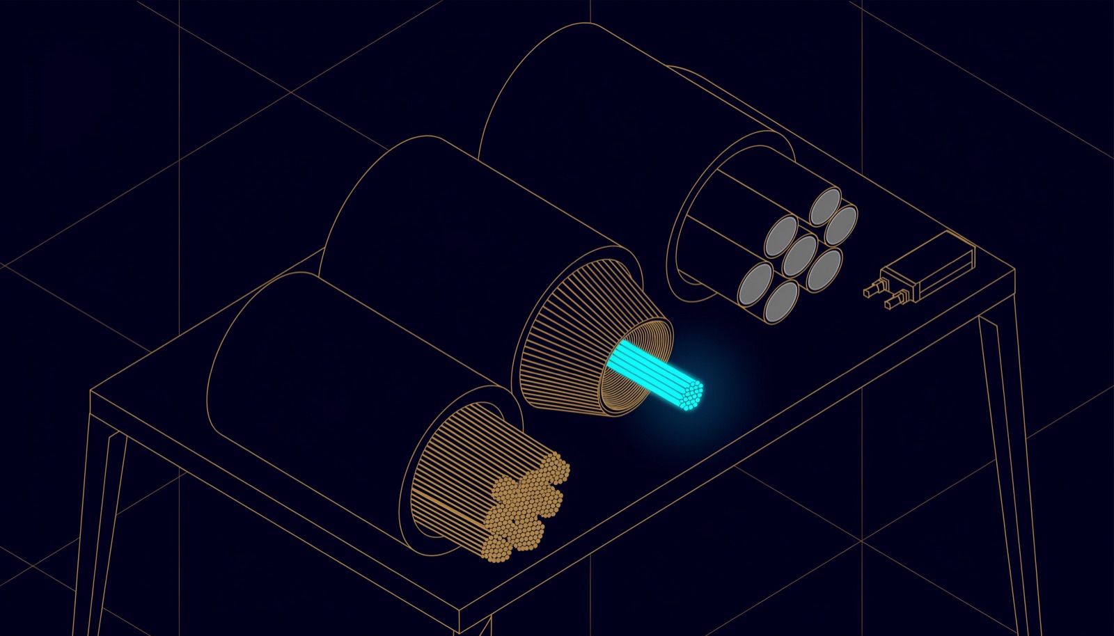 Line drawing of three reels of network cable on a workbench, cut ends showing solid conductors and coated aluminium cores, with a cable tester beside them