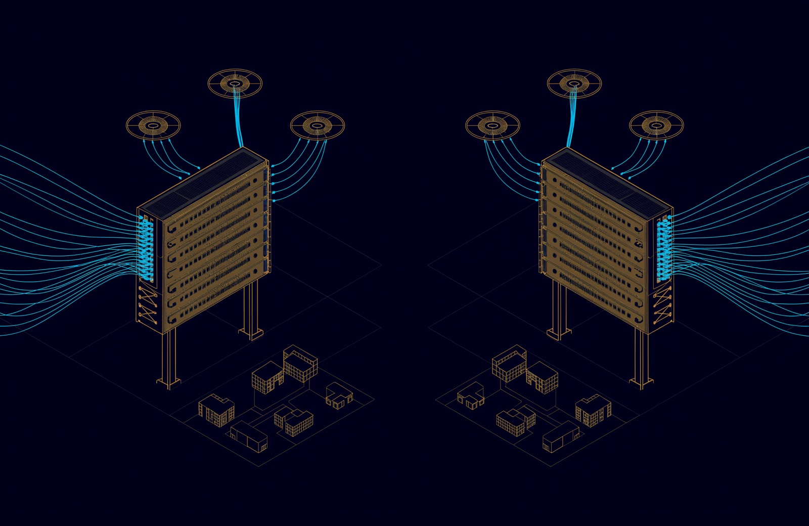 Line drawing of two enterprise switch stacks facing each other, each linked by fibre to access points across a small campus