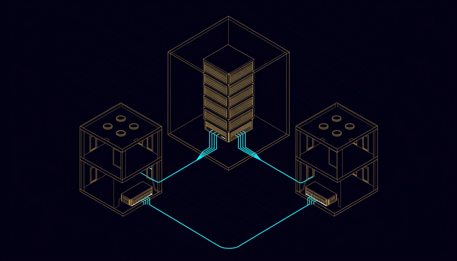 Line drawing of a campus network: a core switch stack in a data room linked by fibre to access switches and ceiling access points in two buildings