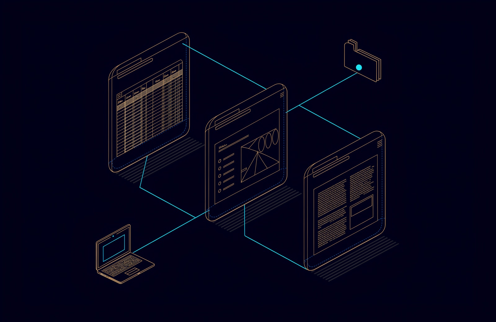 Line drawing of three document windows, a spreadsheet, a slide and a text page, linked to a shared folder and a laptop