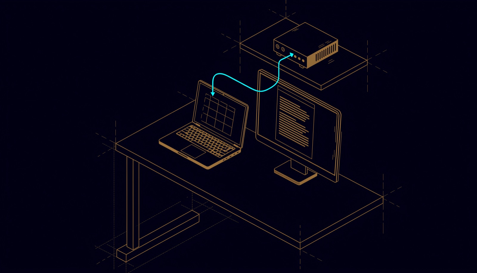 Line drawing of an office desk with a laptop and a monitor showing a spreadsheet and a document, syncing with a small file server on a shelf
