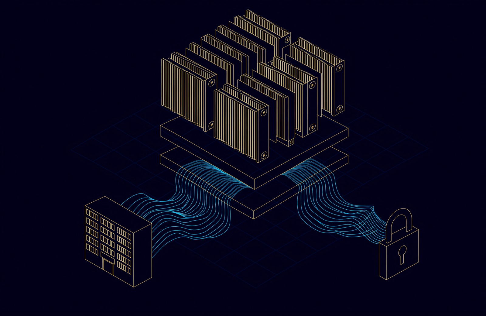 Line illustration of an AI server: gold accelerator cards above a board, with cyan lines running to an office building and a padlock