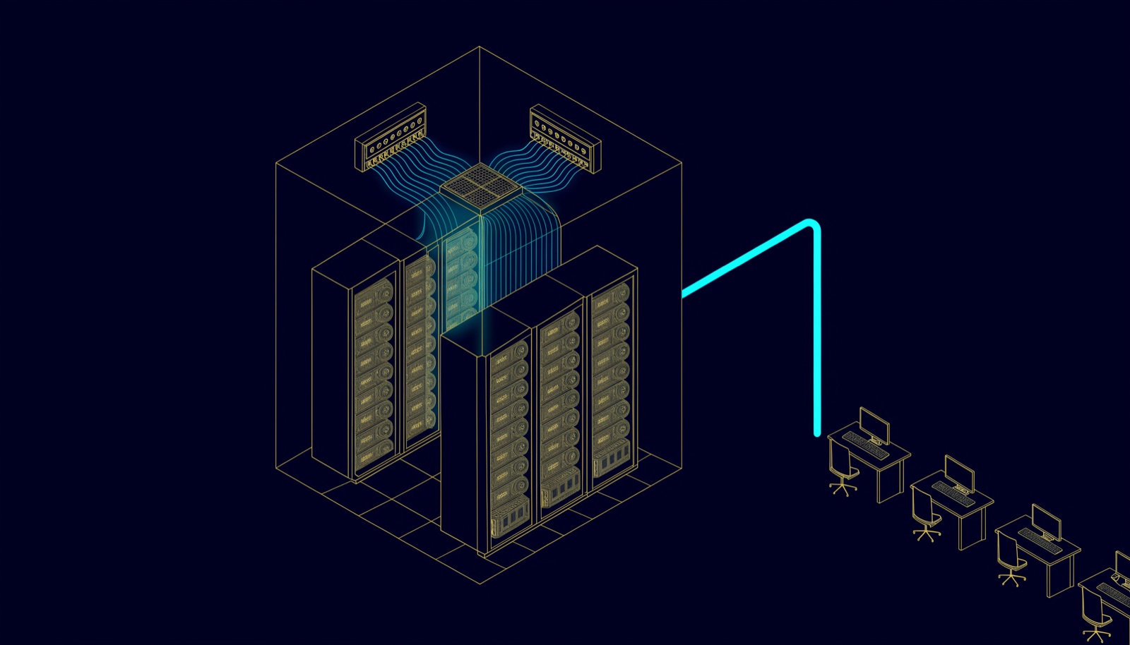 Line illustration of a small server room with two racks of GPU servers, cold aisle containment and a data line running out to office desks