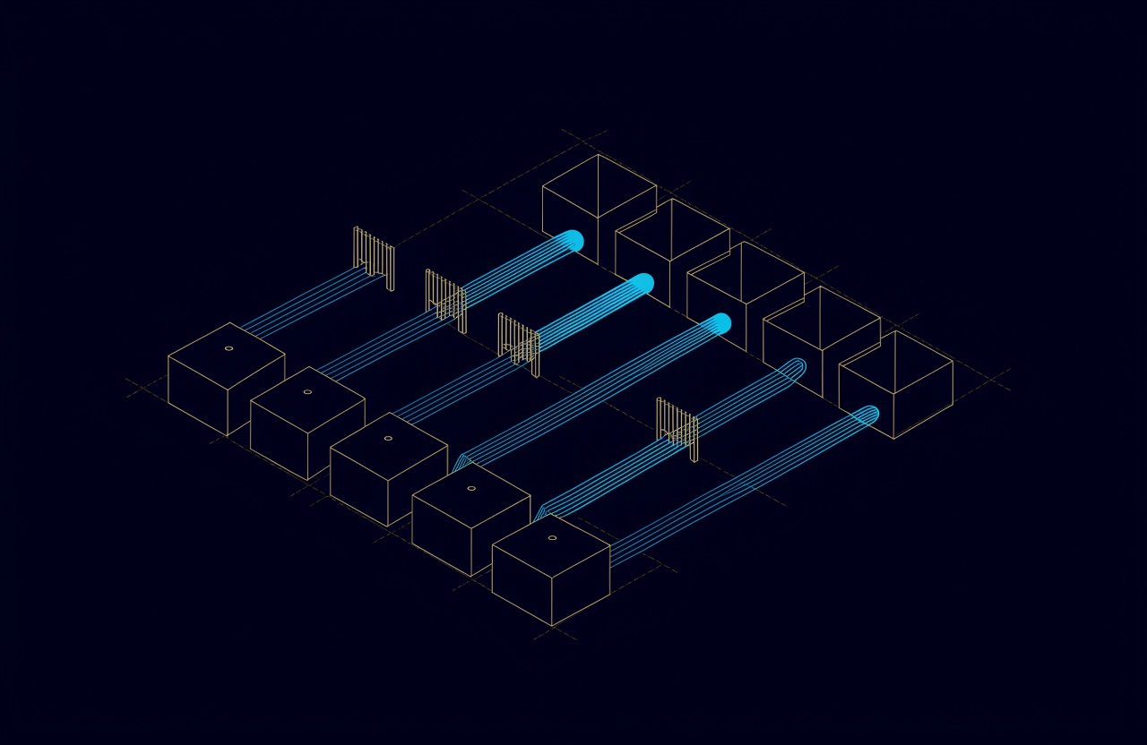 Line drawing of a migration map: closed boxes on one side linked to open boxes on the other, each path passing through a small gate
