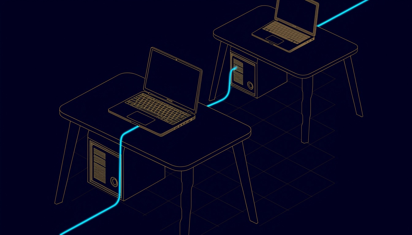 Line drawing of two office desks, each with a laptop and a small tower server underneath, connected by a line