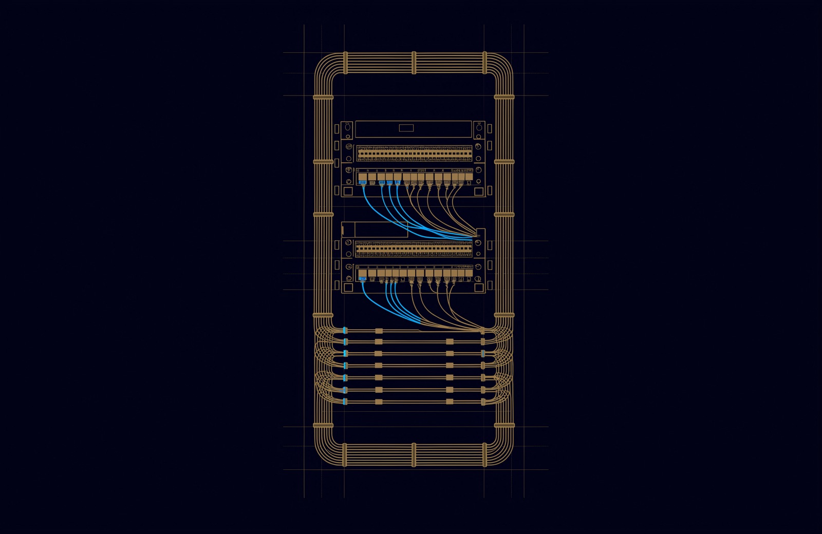 Line illustration of an orderly network rack: patch panels and switches with neatly dressed patch cords, a few highlighted to suggest a colour code