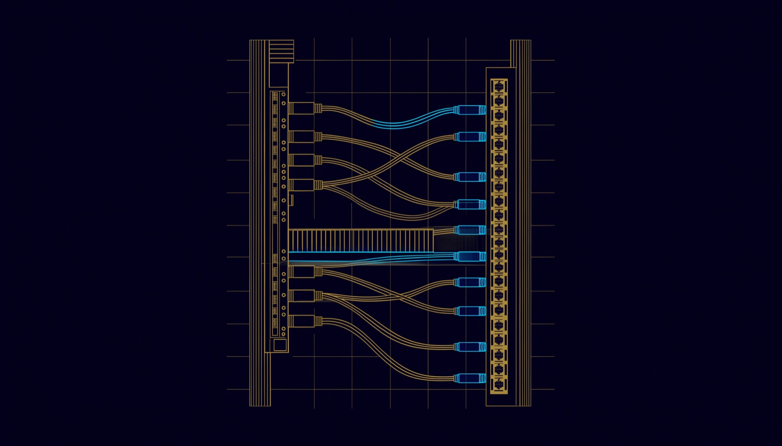 Line illustration of a switch and a patch panel in a rack, short patch cords looping through cable managers, each with a label sleeve near the plug