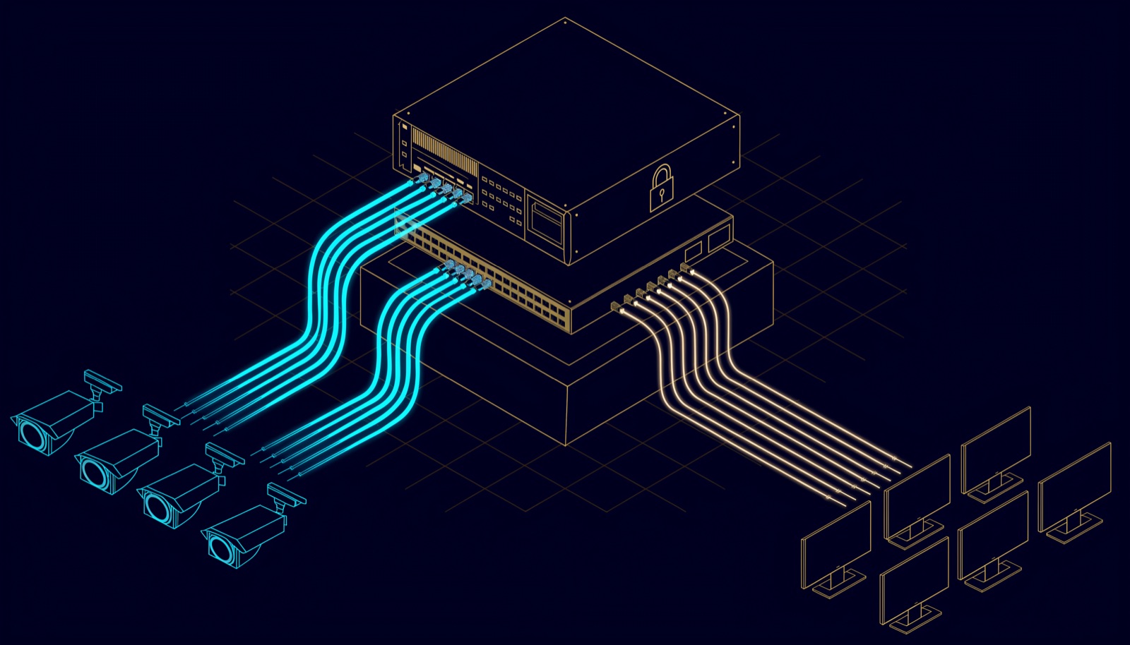 Line drawing of a network rack with a firewall above a PoE switch, one group of patch cords running to cameras and another to office desks