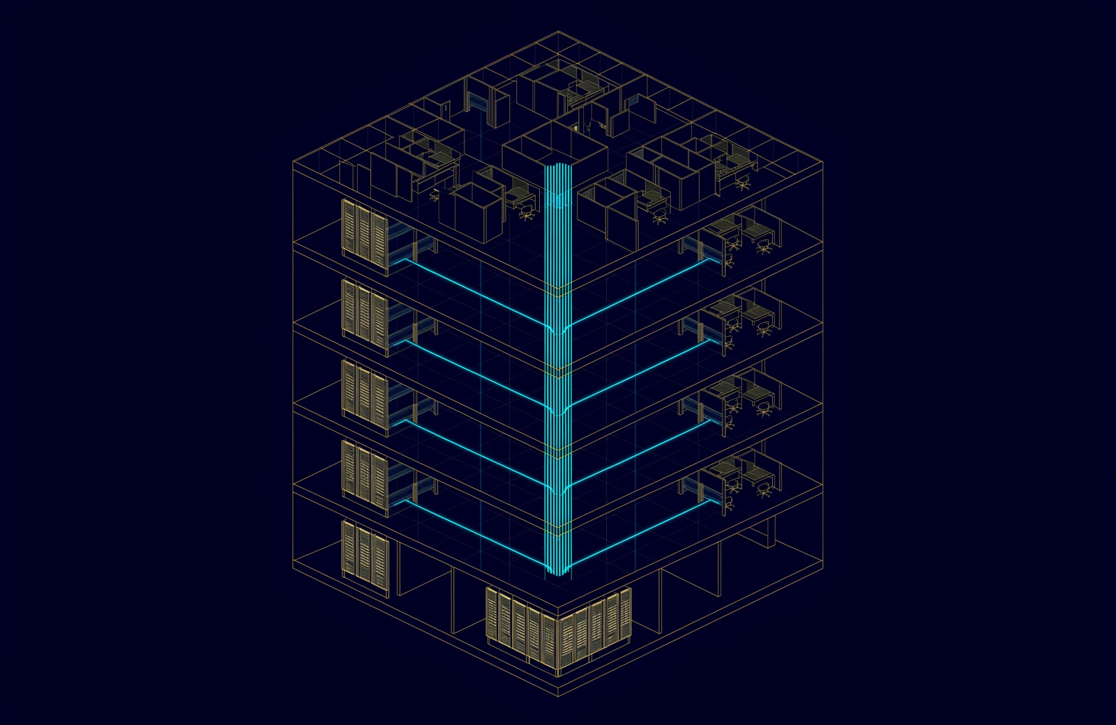 Line illustration of a multi-storey office building: gold floors and telecom rooms, with a cyan backbone running up the riser and out to the desks