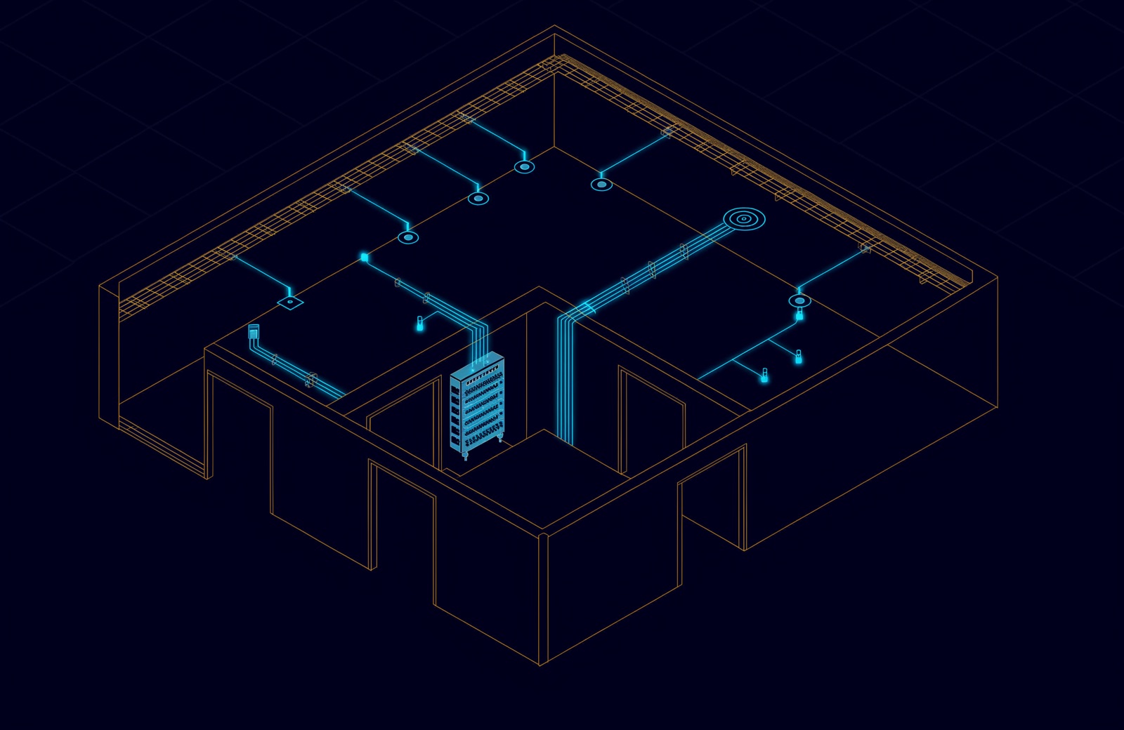 Line illustration of an office floor: gold walls and cable trays, cyan cables running from the network rack to Wi-Fi access points, cameras and door readers