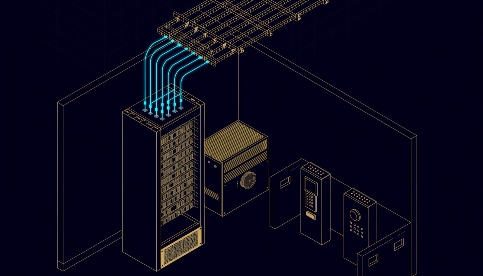 Line illustration of an ELV room: a network rack, a CCTV recorder and an access control panel, with the fire alarm panel on its own segregated containment