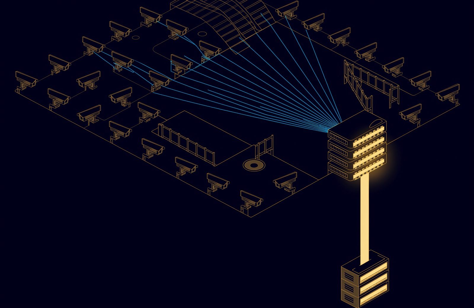 Line drawing of dozens of CCTV cameras across a site, their video streams converging on one switch stack that glows under the load, then on to storage